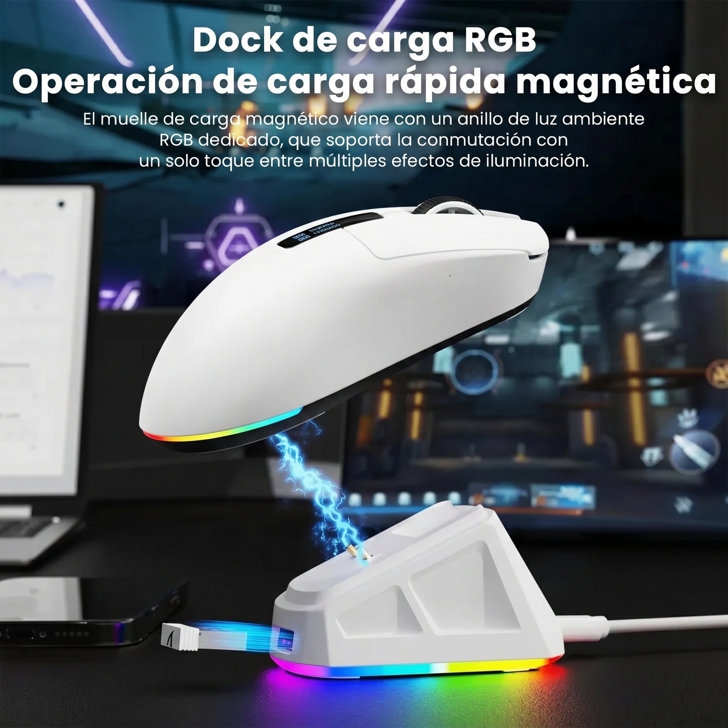 MIMIKBD S270 Ratón inalámbrico ligero con controlador web, chip PAW3311, admite Bluetooth | 2,4G | cable del puerto.Incluye pantalla LED y base de carga,Iluminado RGB y DPI máximo 12000, Frecuencia de retorno máxima 1000 Hz, solo 59g