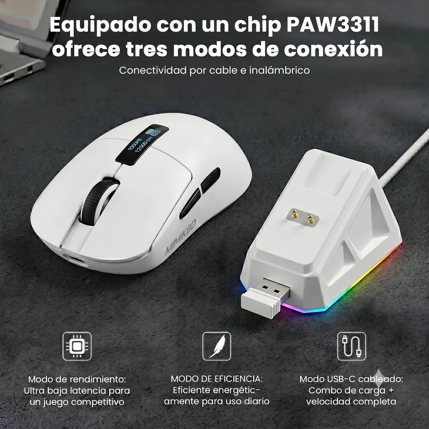 MIMIKBD S270 Ratón inalámbrico ligero con controlador web, chip PAW3311, admite Bluetooth | 2,4G | cable del puerto.Incluye pantalla LED y base de carga,Iluminado RGB y DPI máximo 12000, Frecuencia de retorno máxima 1000 Hz, solo 59g