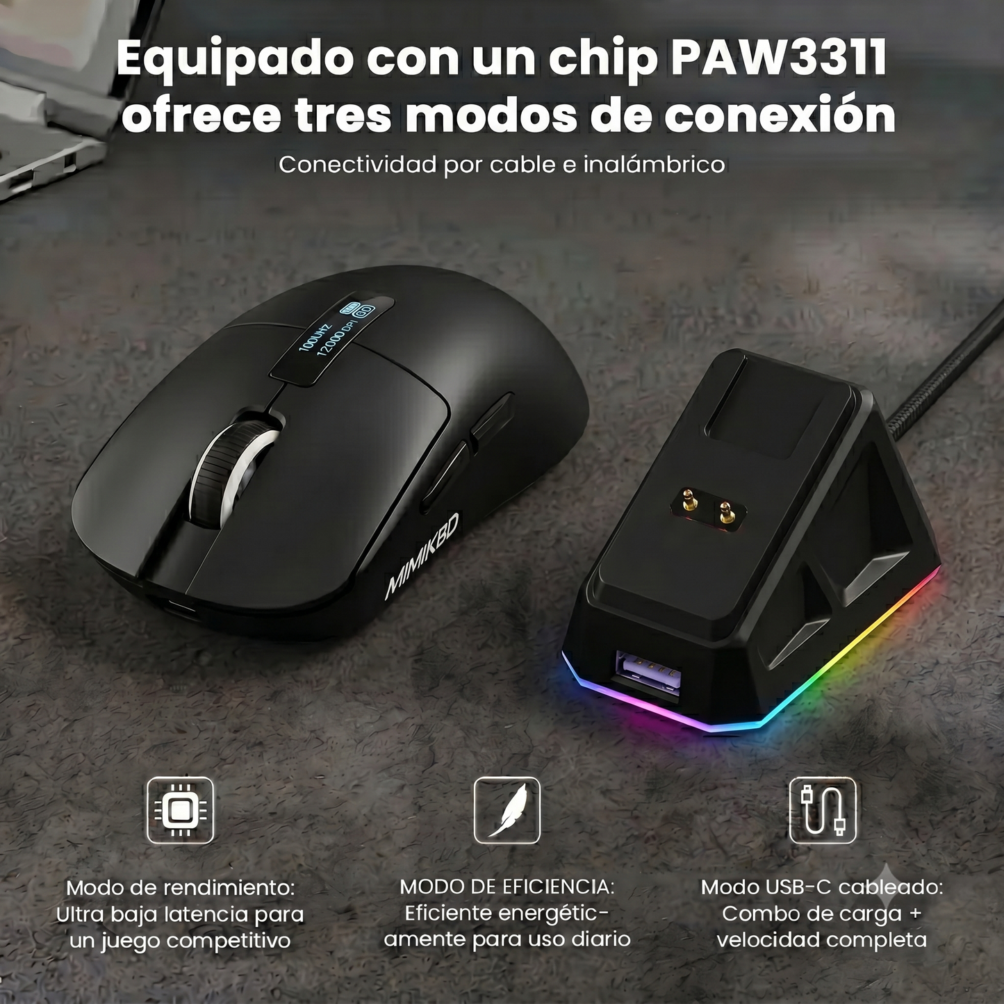 MIMIKBD S270 Ratón inalámbrico ligero con controlador web, chip PAW3311, admite Bluetooth | 2,4G | cable del puerto. Iluminado RGB y DPI máximo 12000, Frecuencia de retorno máxima 1000 Hz, solo 59g, adecuado para juegos de eSports y trabajo de oficina