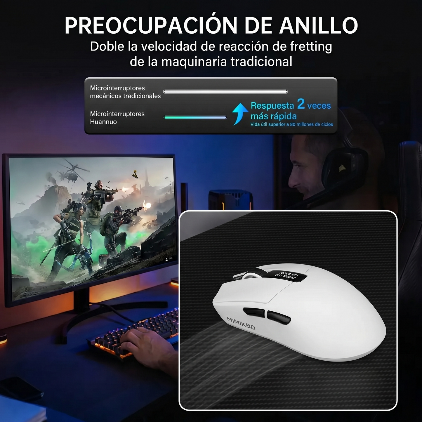 MIMIKBD S270 Ratón inalámbrico ligero con controlador web, chip PAW3311, admite Bluetooth | 2,4G | cable del puerto.Incluye pantalla LED y base de carga,Iluminado RGB y DPI máximo 12000, Frecuencia de retorno máxima 1000 Hz, solo 59g