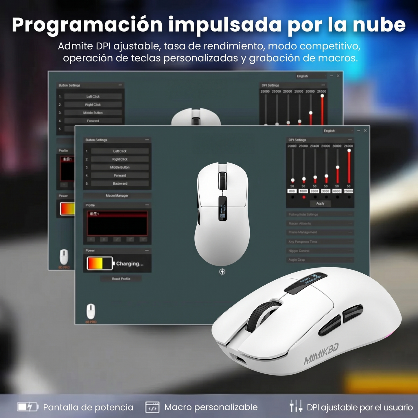 MIMIKBD S270 Ratón inalámbrico ligero con controlador web, chip PAW3311, admite Bluetooth | 2,4G | cable del puerto.Incluye pantalla LED y base de carga,Iluminado RGB y DPI máximo 12000, Frecuencia de retorno máxima 1000 Hz, solo 59g