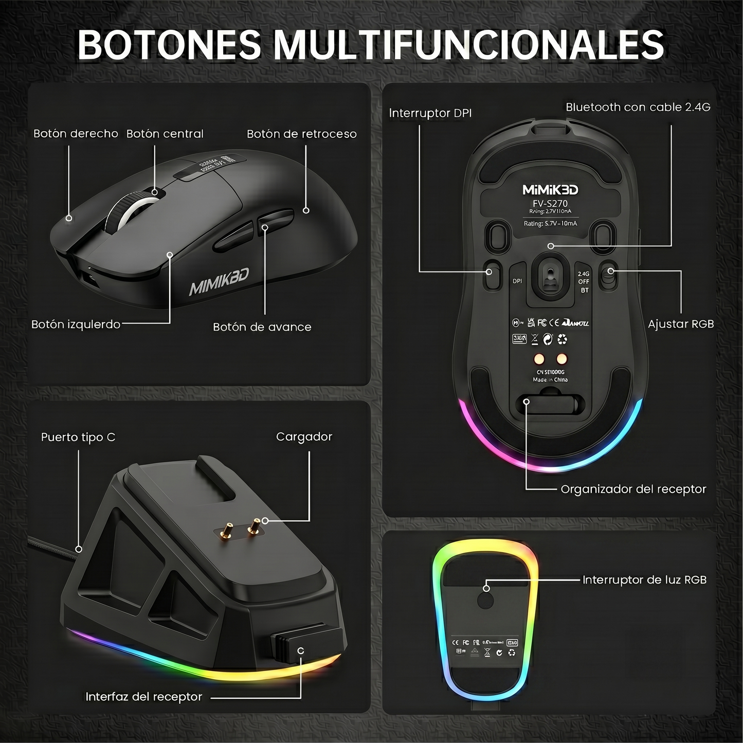 MIMIKBD S270 Ratón inalámbrico ligero con controlador web, chip PAW3311, admite Bluetooth | 2,4G | cable del puerto. Iluminado RGB y DPI máximo 12000, Frecuencia de retorno máxima 1000 Hz, solo 59g, adecuado para juegos de eSports y trabajo de oficina