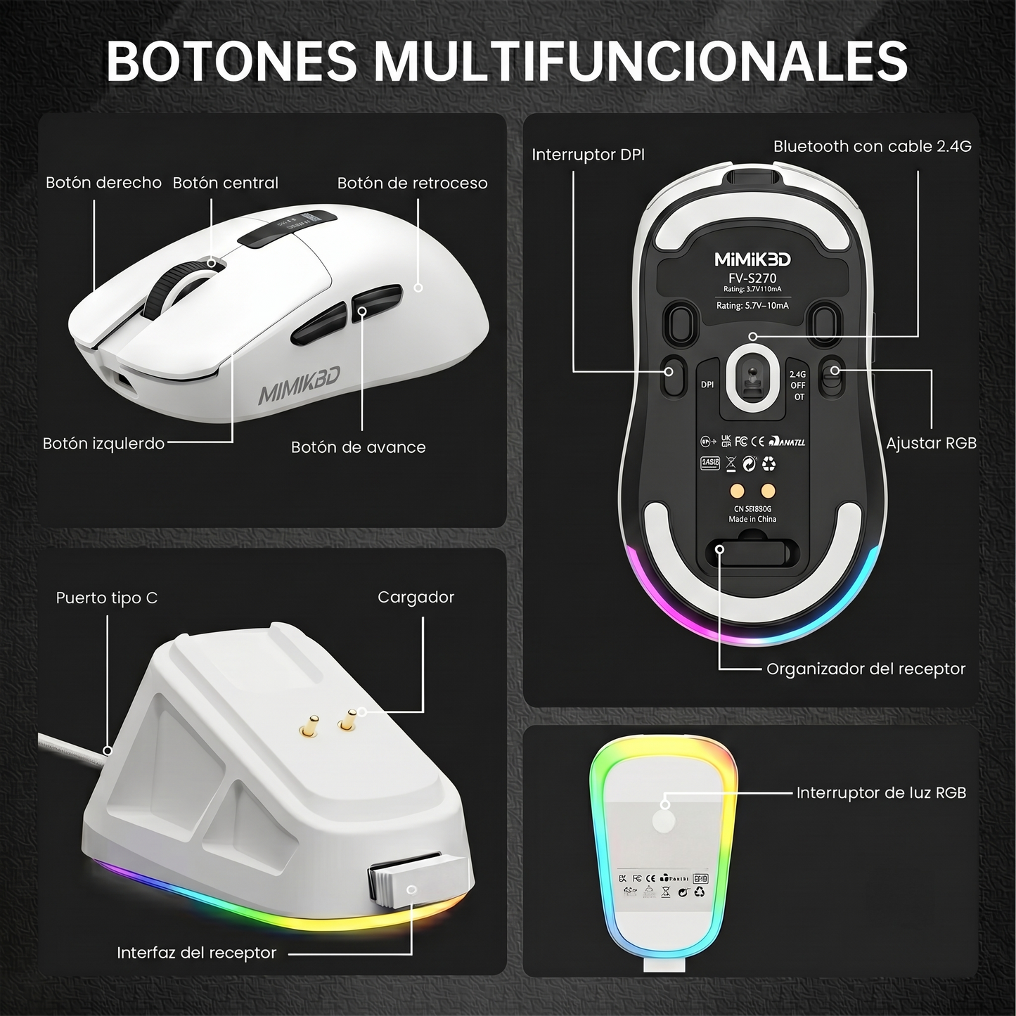 MIMIKBD S270 Ratón inalámbrico ligero con controlador web, chip PAW3311, admite Bluetooth | 2,4G | cable del puerto.Incluye pantalla LED y base de carga,Iluminado RGB y DPI máximo 12000, Frecuencia de retorno máxima 1000 Hz, solo 59g
