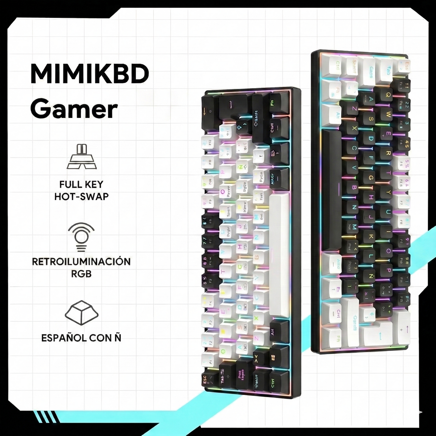 Teclado Mecánico 60%- MINI 61 teclas con interruptor azul-Cable USB-C- Español-3PIN HotSwap-anti-ghosting completo-iluminación RGB de teclas completo，12 modos de iluminación-Compatible con PC, tabletas, Xbox y otras consolas de juegos