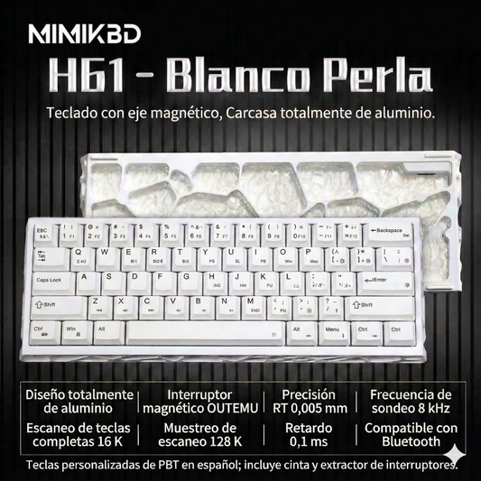 Teclado Magnético Mecánico 8k Rgb E-sport；Disposicion de 61 teclas；Eje azul hielo Outemu；Tasa de retorno 8K；Tasa de muestreo de escaneo 128K；Precision RT0.005mm；Tasa deescaneo detecla completa 16K;Tiempo de retardo 0.1ms;Tres modos-Bluetooth/2.4/Con cable