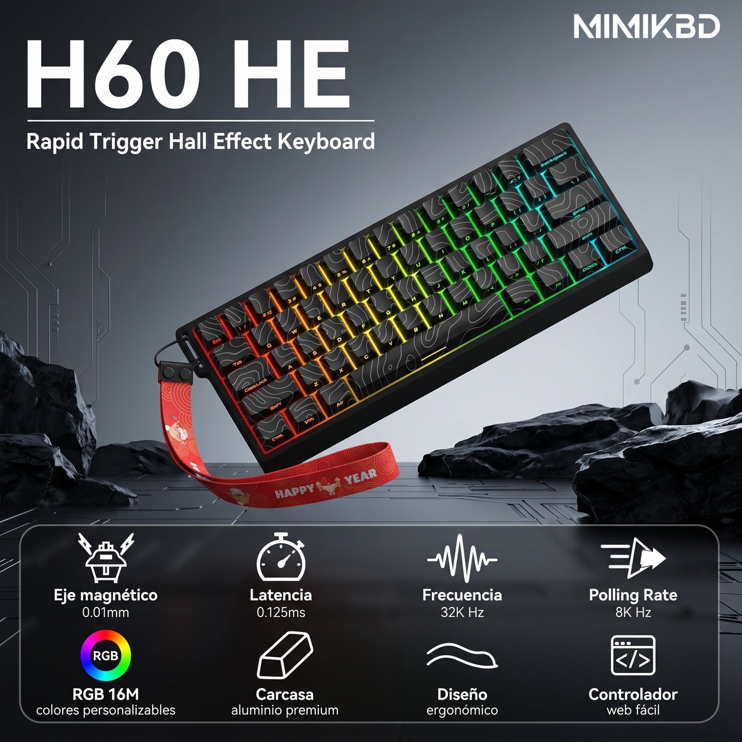 Teclado mecánico magnético Outemu de 61 teclas con carcasa de aleación de aluminio CNC, teclado para juegos con cable, tasa de sondeo de 8K, precisión RT de 0,01 mm, teclas PBT con líneas de contorno impresas en el lateral, RGB con tasa de escaneo de 32K