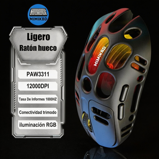 Este ratón inalámbrico utiliza el chip PAW3311 y admite conexión Bluetooth, 2.4G y por cable, iluminación RGB y una sensibilidad DPI máxima de 12000 ,Frecuencia de retorno máxima 1000 Hz,Su diseño ligero pesa tan solo 69g