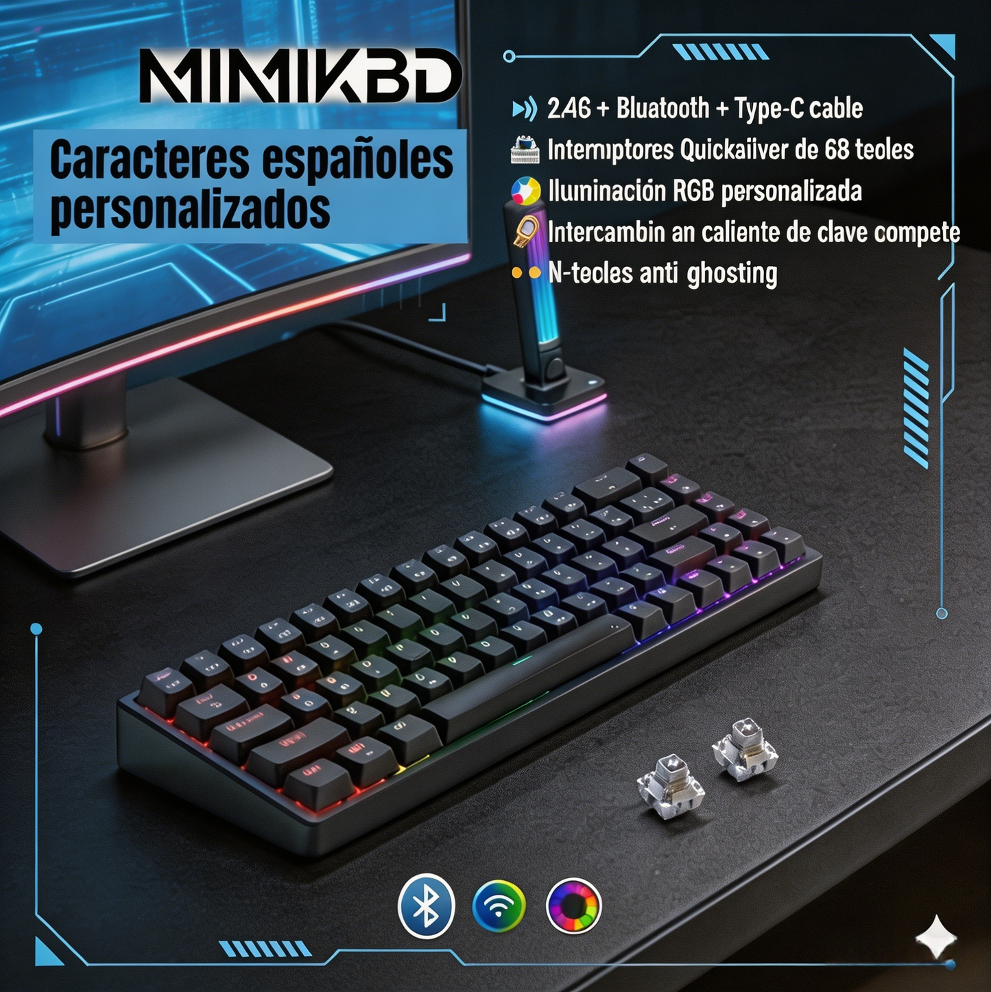 Teclado mecánico al 65% con switches QuickSilver, 68 teclas, iluminación RGB con 13 efectos de iluminación, compatible con Bluetooth, 2.4G y conectividad por cable; admite Hot-Swap y N-teclas anti-ghosting;Adecuado para juegos de eSports