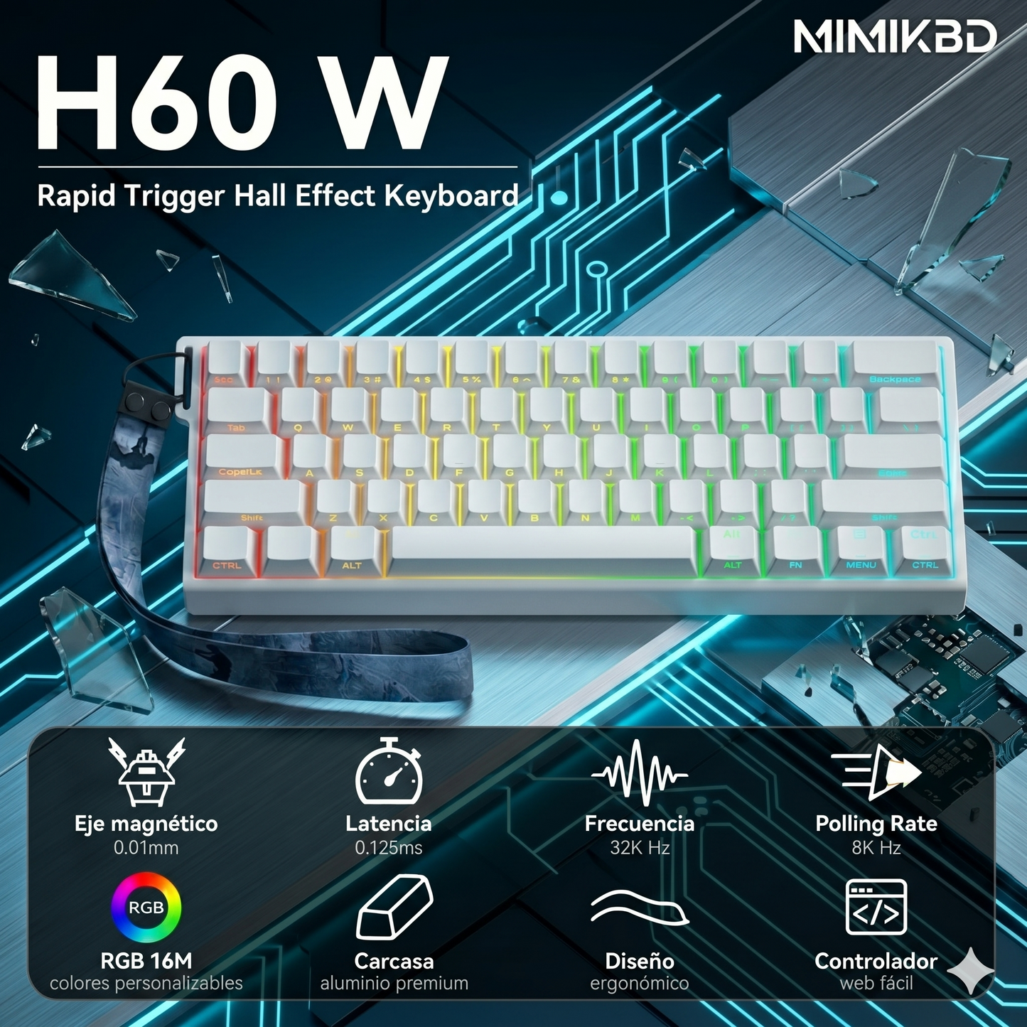 Teclado mecánico magnético Outemu de 61 teclas, carcasa de aleación de aluminio CNC,teclado para juegos con cable, tasa de sondeo de 8K, precisión de tiempo de respuesta de 0,01 mm, teclas PBT de color blanco puro, retroiluminación RGB