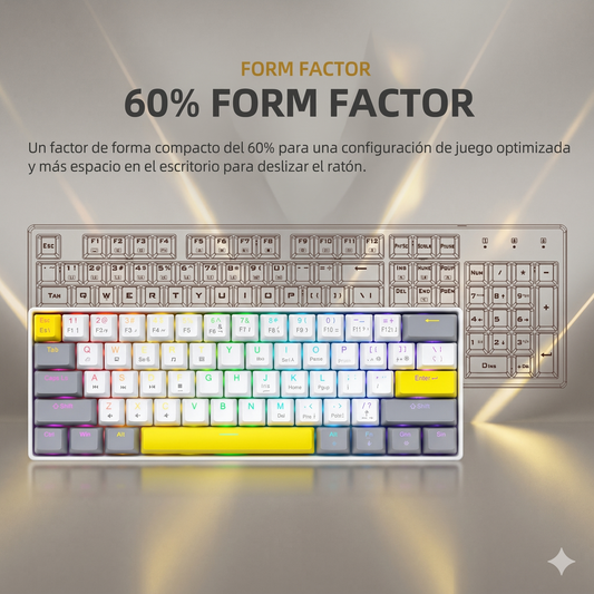 MIMIKBD Teclado mecánico compacto del 60% cuenta con retroiluminación RGB, 61teclas，Interruptor rojos, todo teclas anti-ghosting. Ofrece 12 efectos de luz; Contiene  Ñ; Con una vibrante combinación de colores , Adjuste de brillo y velocidad con teclas