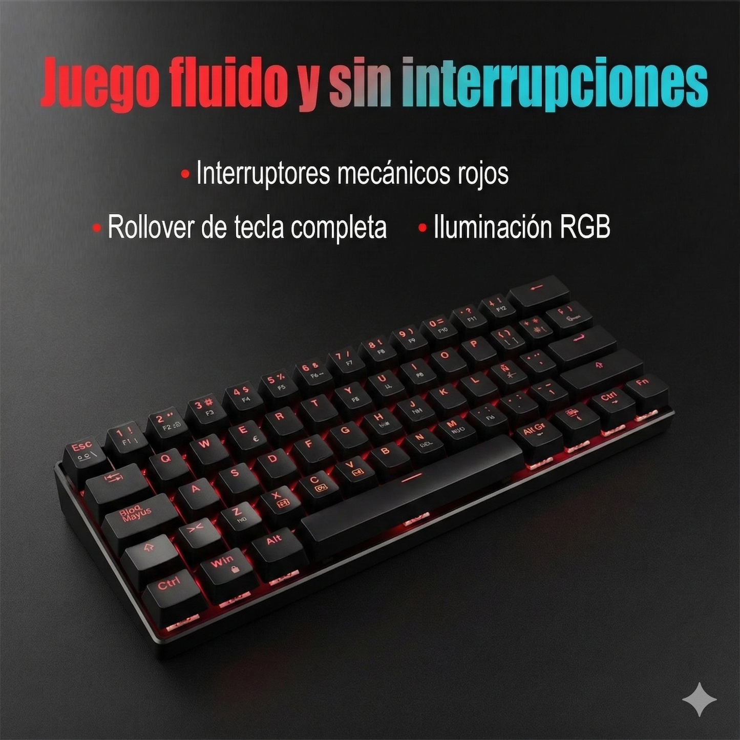 Teclado Mec¡nico 60% disposición, MINl 62 teclas,interruptor rojo, Hot-Swap, Todas las teclas anti-ghosting, Interruptores específicos del juego, CableUSB-C, Personalización en español, 12 modos deiluminación, iluminación RGB de teclas completo