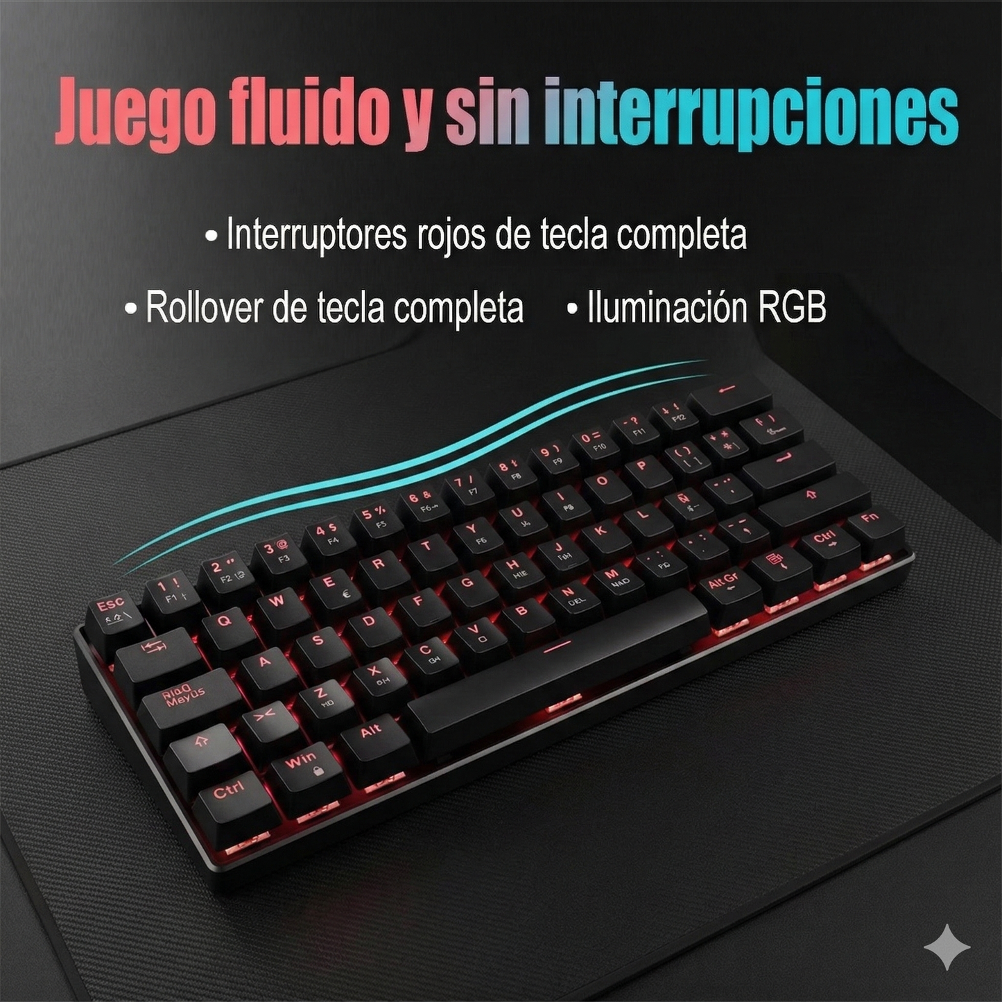 Teclado Mec¡nico 60% disposición, MINl 62 teclas,interruptor rojo, Hot-Swap, Todas las teclas anti-ghosting, Interruptores específicos del juego, CableUSB-C, Personalización en español, 12 modos deiluminación, iluminación RGB de teclas completo