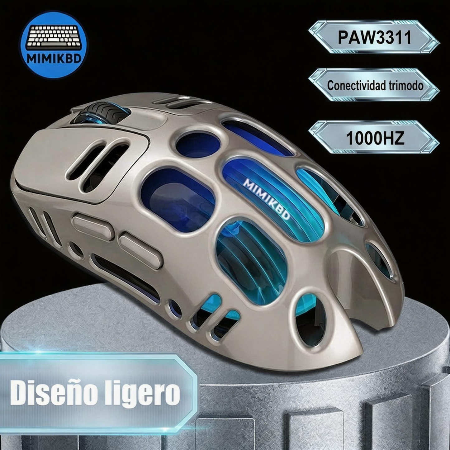 Este ratón inalámbrico utiliza el chip PAW3311 y admite conexión Bluetooth, 2.4G y por cable, iluminación RGB y una sensibilidad DPI máxima de 12000 ,Frecuencia de retorno máxima 1000 Hz,Su diseño ligero pesa tan solo 69g