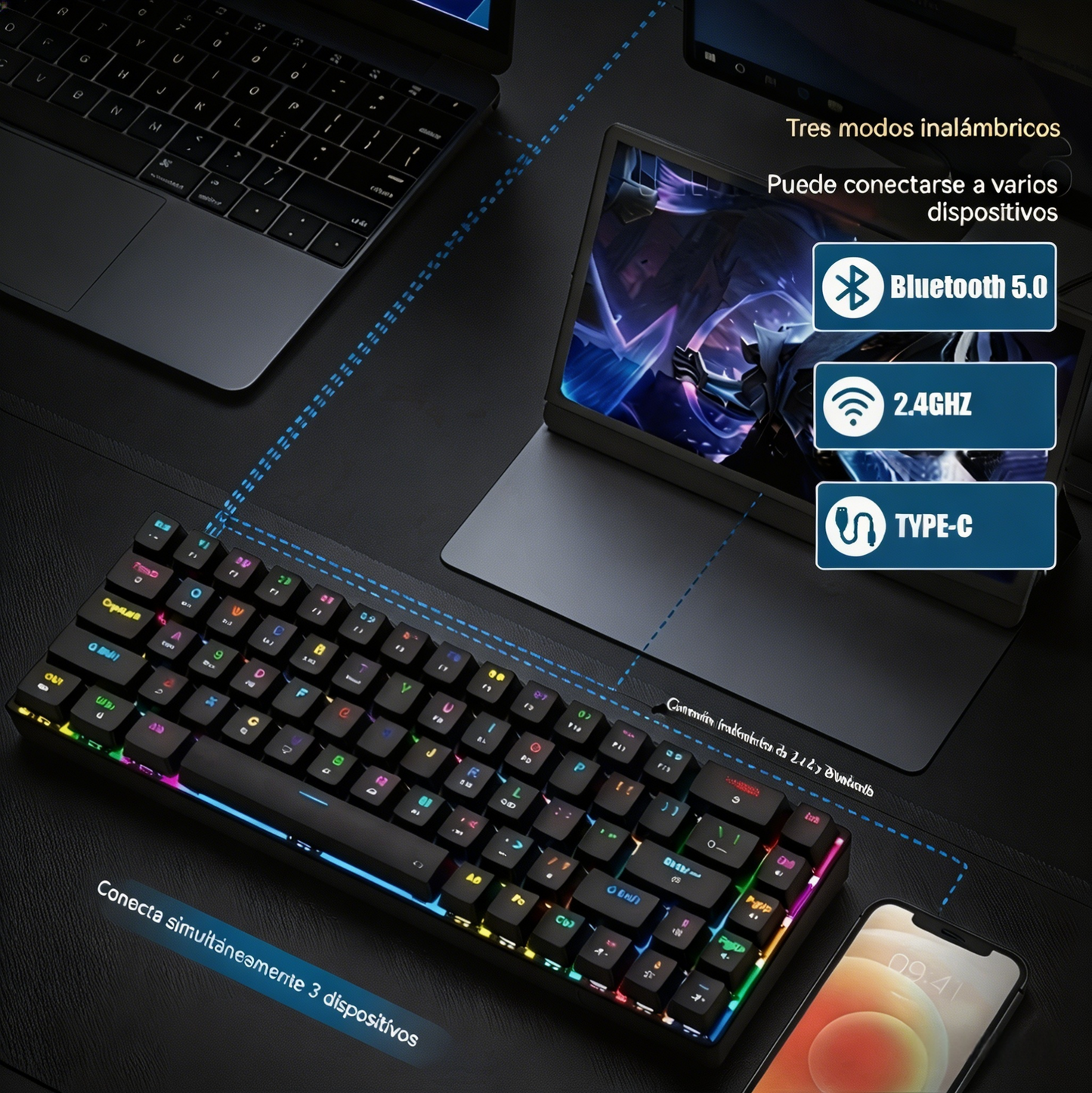 Teclado mecánico al 65% con switches QuickSilver, 68 teclas, iluminación RGB con 13 efectos de iluminación, compatible con Bluetooth, 2.4G y conectividad por cable; admite Hot-Swap y N-teclas anti-ghosting;Adecuado para juegos de eSports