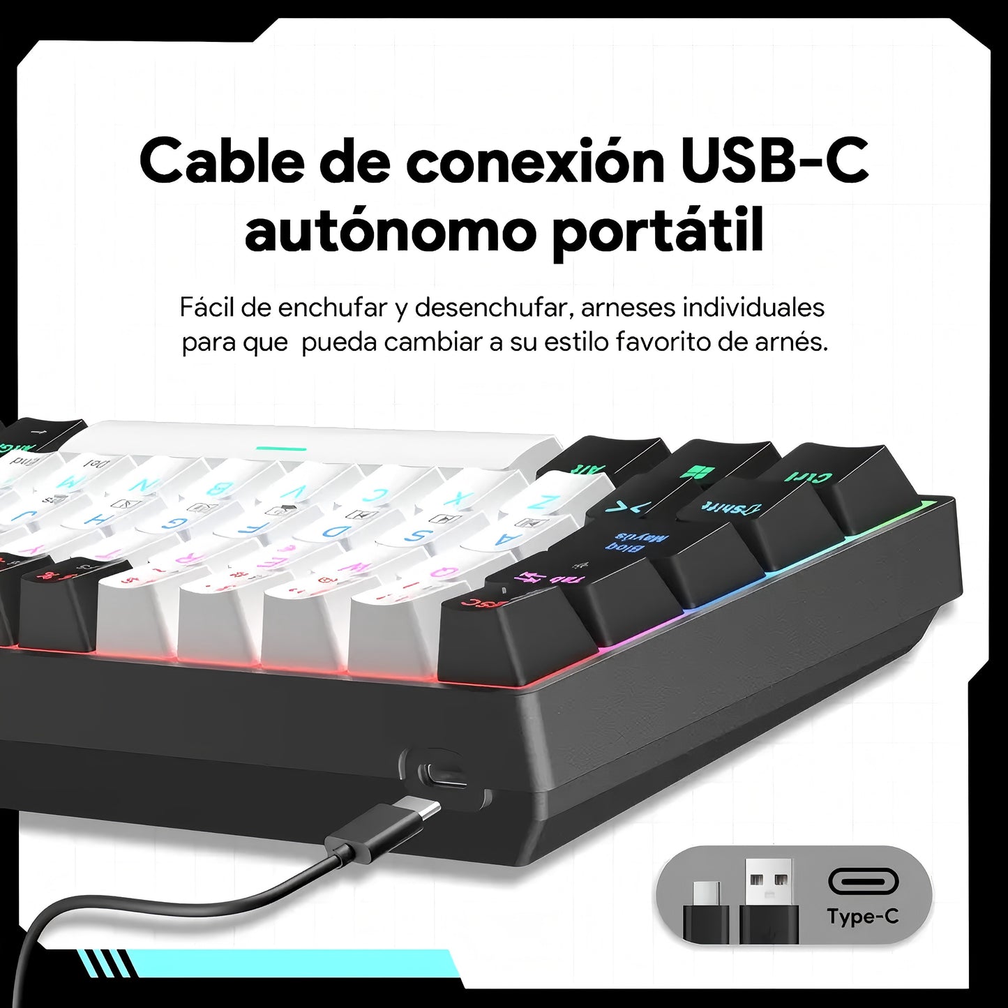 Teclado Mecánico 60%- MINI 61 teclas con interruptor azul-Cable USB-C- Español-3PIN HotSwap-anti-ghosting completo-iluminación RGB de teclas completo，12 modos de iluminación-Compatible con PC, tabletas, Xbox y otras consolas de juegos