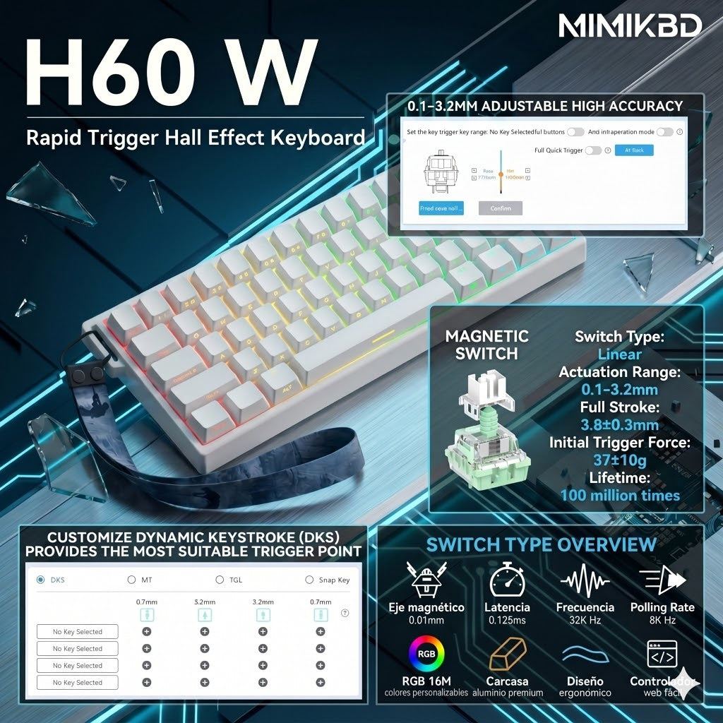 Teclado mecánico magnético Outemu de 61 teclas, carcasa de aleación de aluminio CNC,teclado para juegos con cable, tasa de sondeo de 8K, precisión de tiempo de respuesta de 0,01 mm, teclas PBT de color blanco puro, retroiluminación RGB