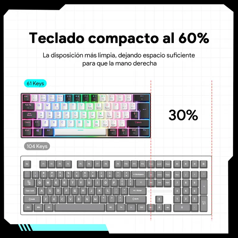 Teclado Mecánico 60%- MINI 61 teclas con interruptor azul-Cable USB-C- Español-3PIN HotSwap-anti-ghosting completo-iluminación RGB de teclas completo，12 modos de iluminación-Compatible con PC, tabletas, Xbox y otras consolas de juegos