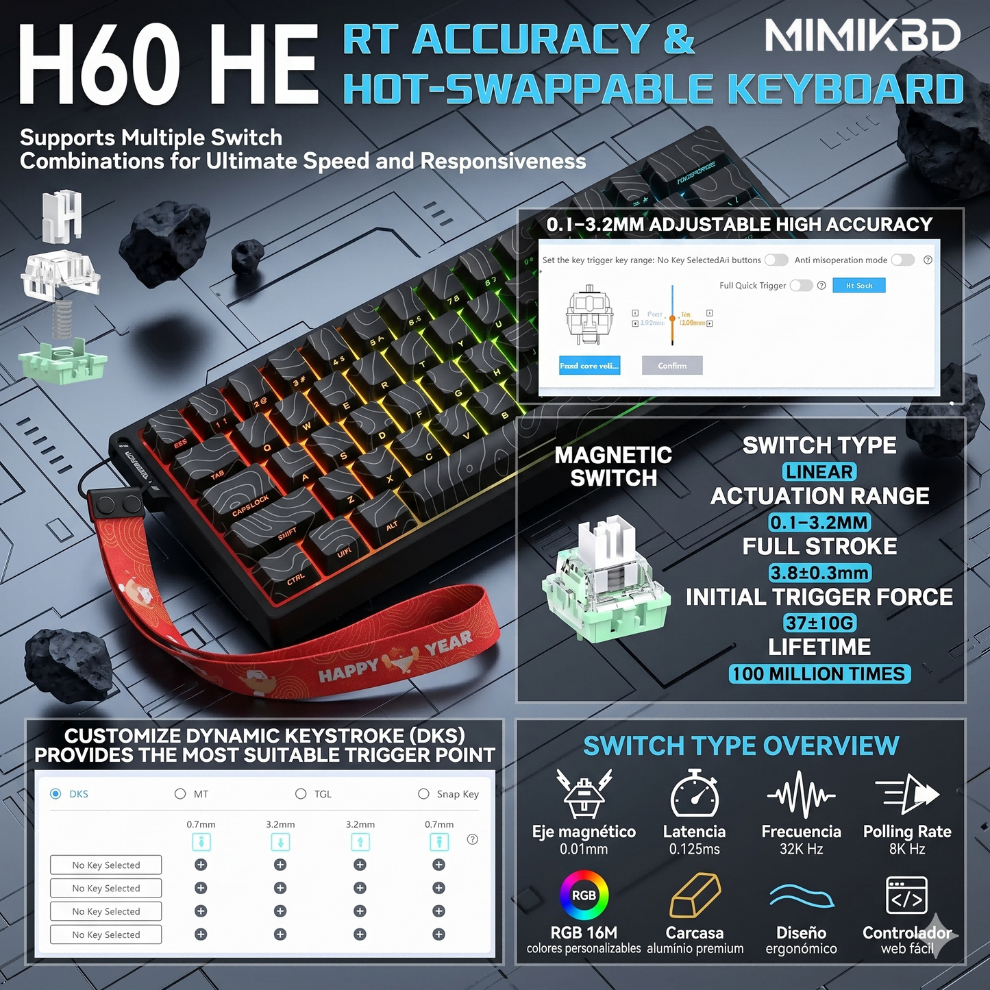 Teclado mecánico magnético Outemu de 61 teclas con carcasa de aleación de aluminio CNC, teclado para juegos con cable, tasa de sondeo de 8K, precisión RT de 0,01 mm, teclas PBT con líneas de contorno impresas en el lateral, RGB con tasa de escaneo de 32K