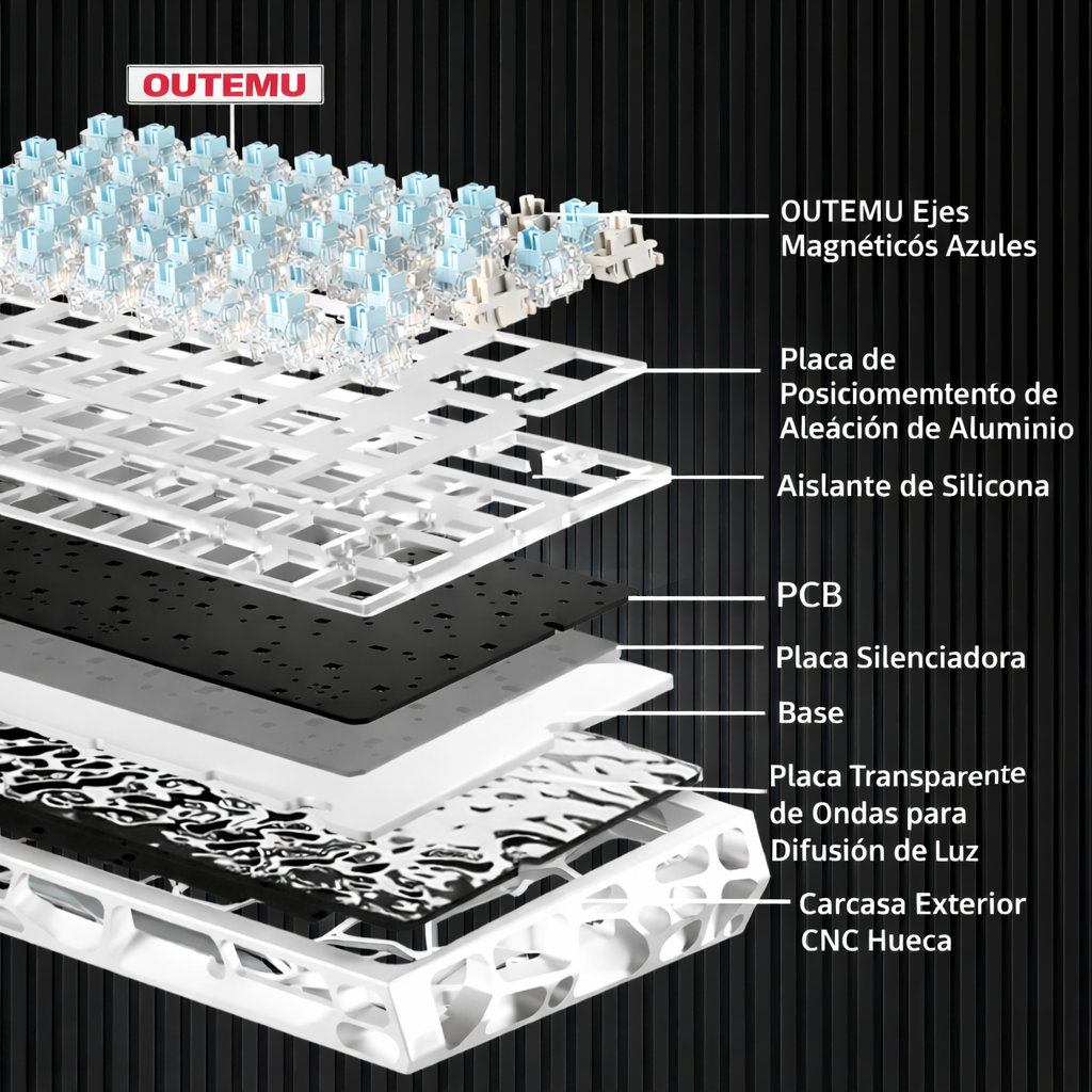 Teclado Magnético Mecánico 8k Rgb E-sport；Disposicion de 61 teclas；Eje azul hielo Outemu；Tasa de retorno 8K；Tasa de muestreo de escaneo 128K；Precision RT0.005mm；Tasa deescaneo detecla completa 16K;Tiempo de retardo 0.1ms;Tres modos-Bluetooth/2.4/Con cable