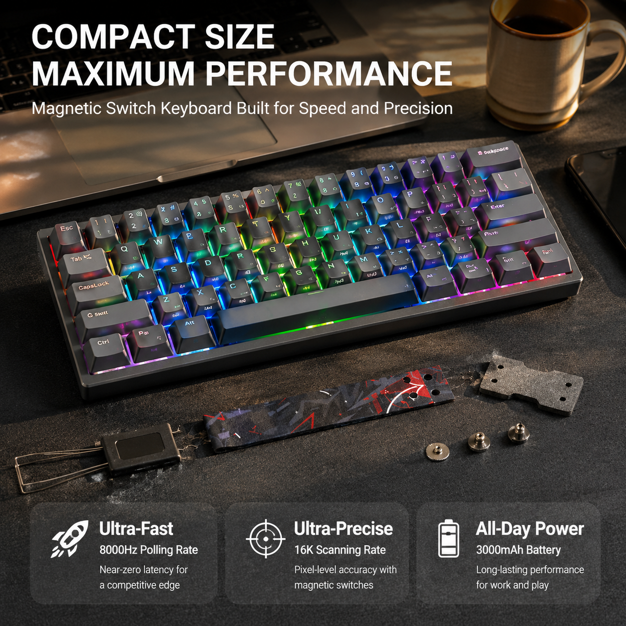 Teclado magnético,61 teclas con interruptores magnéticos, tasa de sondeo de 8K, gatillo rápido de 0,1 mm, teclado RT para eSports, cuerpo de aluminio CNC, 2,4G/Bluetooth/con cable, interruptores magnéticos OUTEMU, teclas RGB PBT