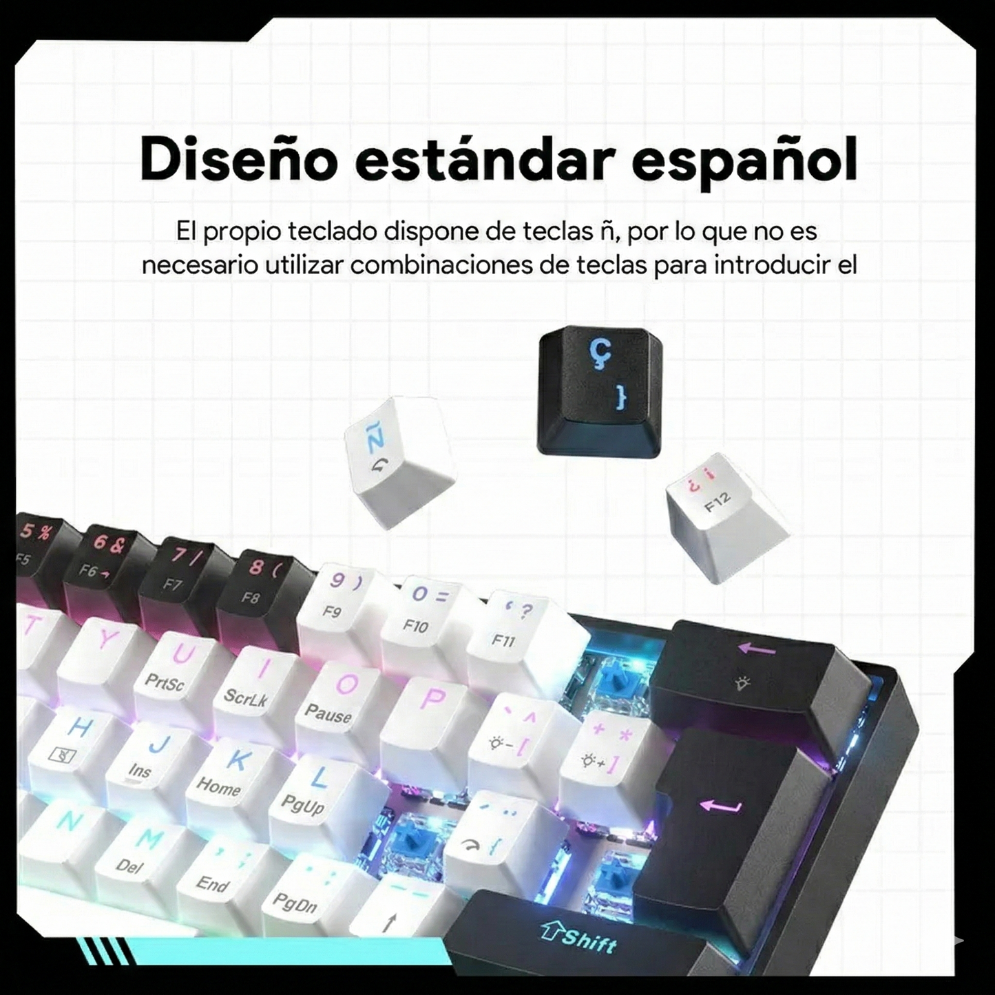 Teclado Mecánico 60%- MINI 61 teclas con interruptor azul-Cable USB-C- Español-3PIN HotSwap-anti-ghosting completo-iluminación RGB de teclas completo，12 modos de iluminación-Compatible con PC, tabletas, Xbox y otras consolas de juegos