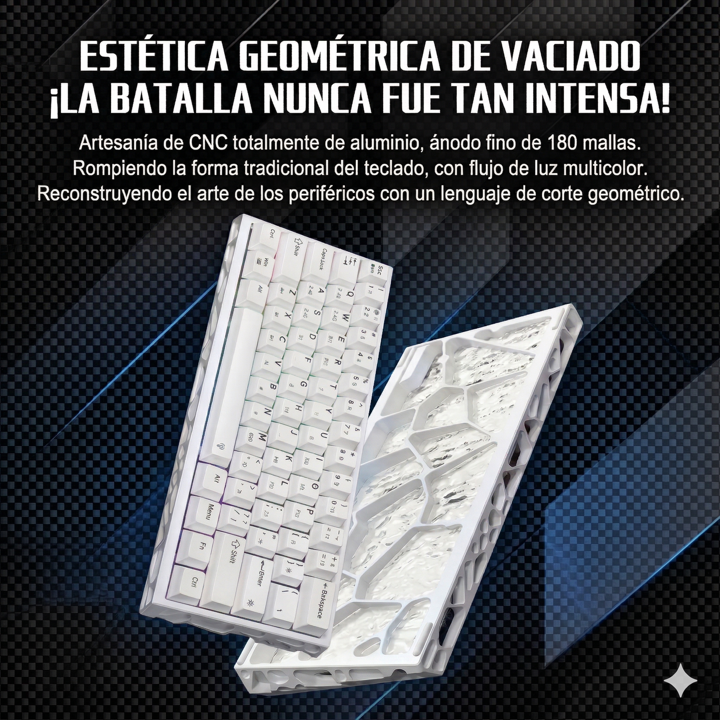 Teclado Magnético Mecánico 8k Rgb E-sport；Disposicion de 61 teclas；Eje azul hielo Outemu；Tasa de retorno 8K；Tasa de muestreo de escaneo 128K；Precision RT0.005mm；Tasa deescaneo detecla completa 16K;Tiempo de retardo 0.1ms;Tres modos-Bluetooth/2.4/Con cable