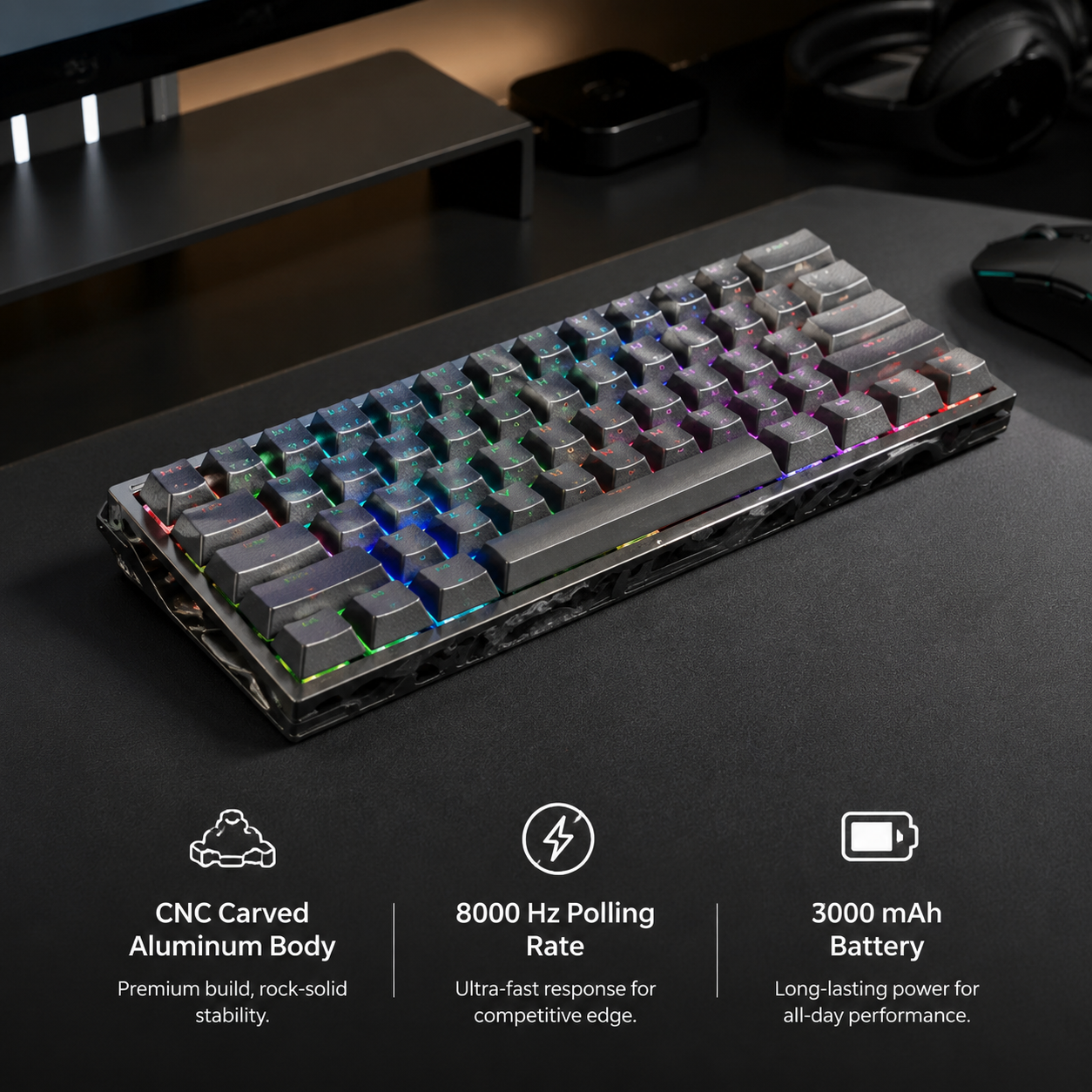 Teclado magnético,61 teclas con interruptores magnéticos, tasa de sondeo de 8K, gatillo rápido de 0,1 mm, teclado RT para eSports, cuerpo de aluminio CNC, 2,4G/Bluetooth/con cable, interruptores magnéticos OUTEMU, teclas RGB PBT