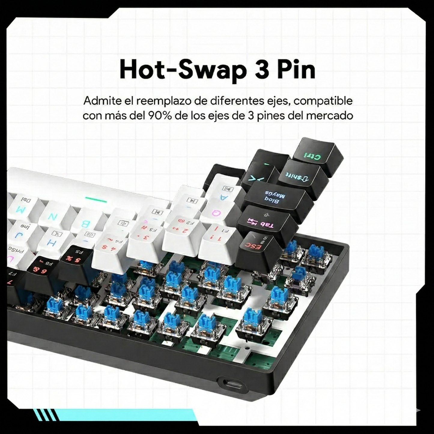 Teclado Mecánico 60%- MINI 61 teclas con interruptor azul-Cable USB-C- Español-3PIN HotSwap-anti-ghosting completo-iluminación RGB de teclas completo，12 modos de iluminación-Compatible con PC, tabletas, Xbox y otras consolas de juegos