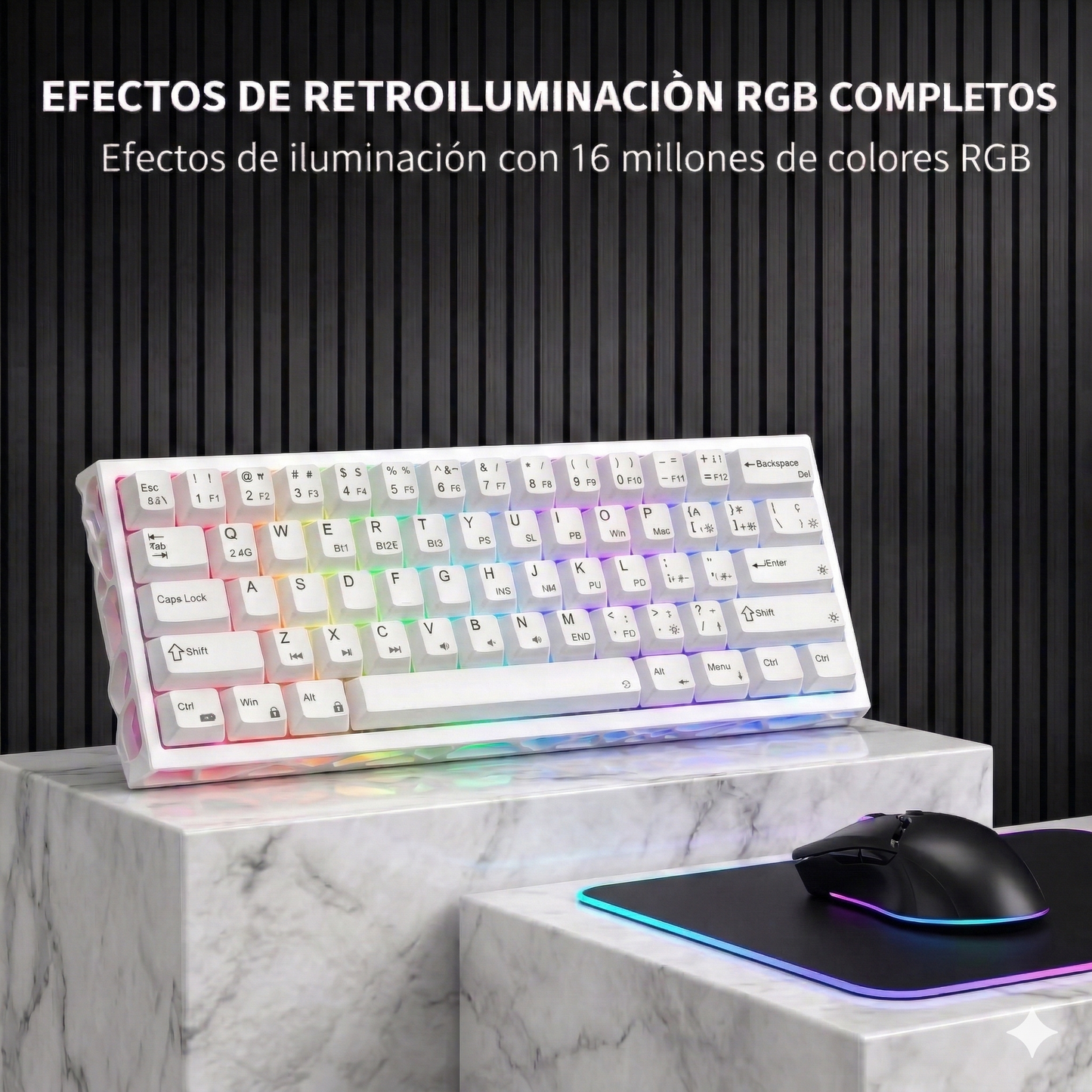 Teclado Magnético Mecánico 8k Rgb E-sport；Disposicion de 61 teclas；Eje azul hielo Outemu；Tasa de retorno 8K；Tasa de muestreo de escaneo 128K；Precision RT0.005mm；Tasa deescaneo detecla completa 16K;Tiempo de retardo 0.1ms;Tres modos-Bluetooth/2.4/Con cable