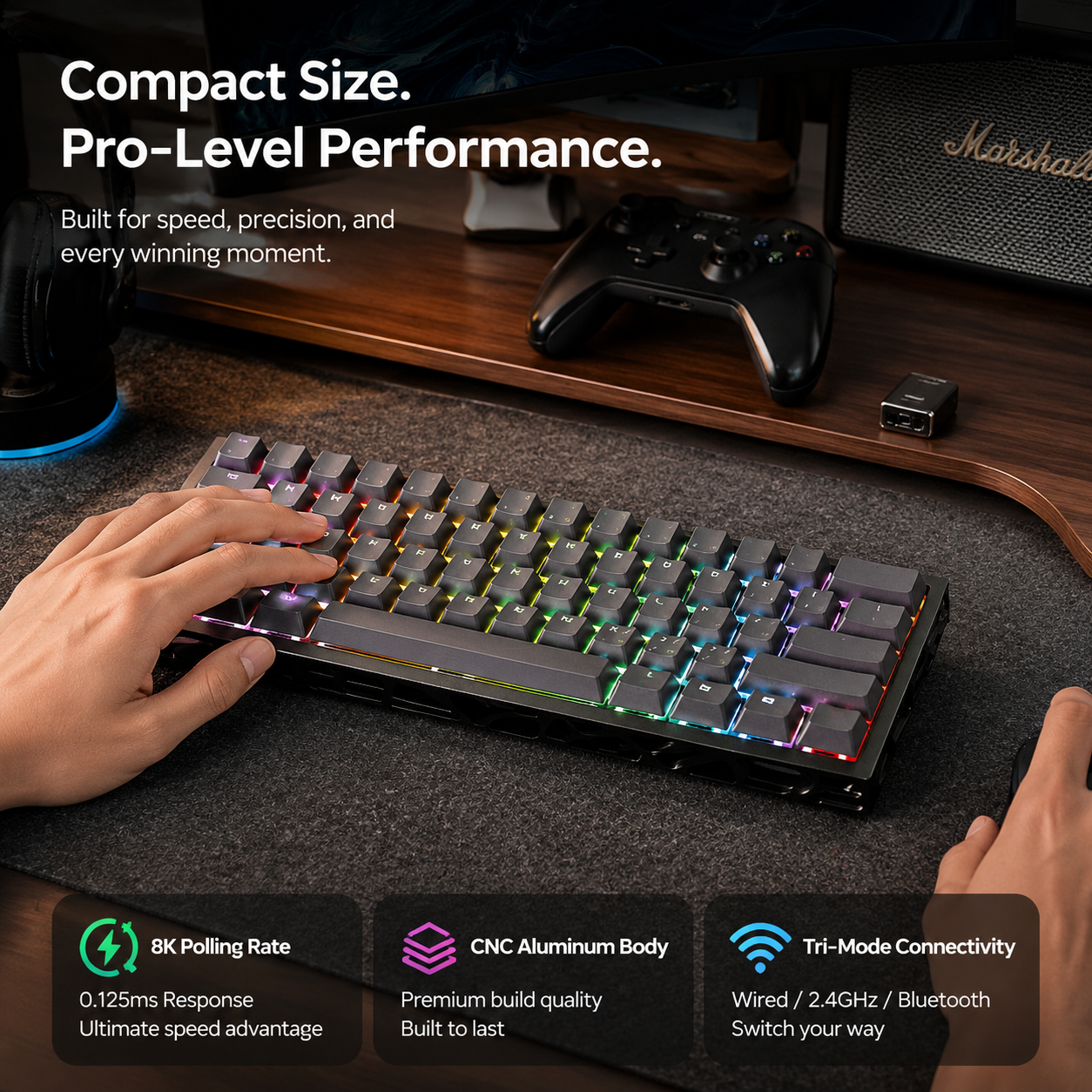 Teclado magnético,61 teclas con interruptores magnéticos, tasa de sondeo de 8K, gatillo rápido de 0,1 mm, teclado RT para eSports, cuerpo de aluminio CNC, 2,4G/Bluetooth/con cable, interruptores magnéticos OUTEMU, teclas RGB PBT