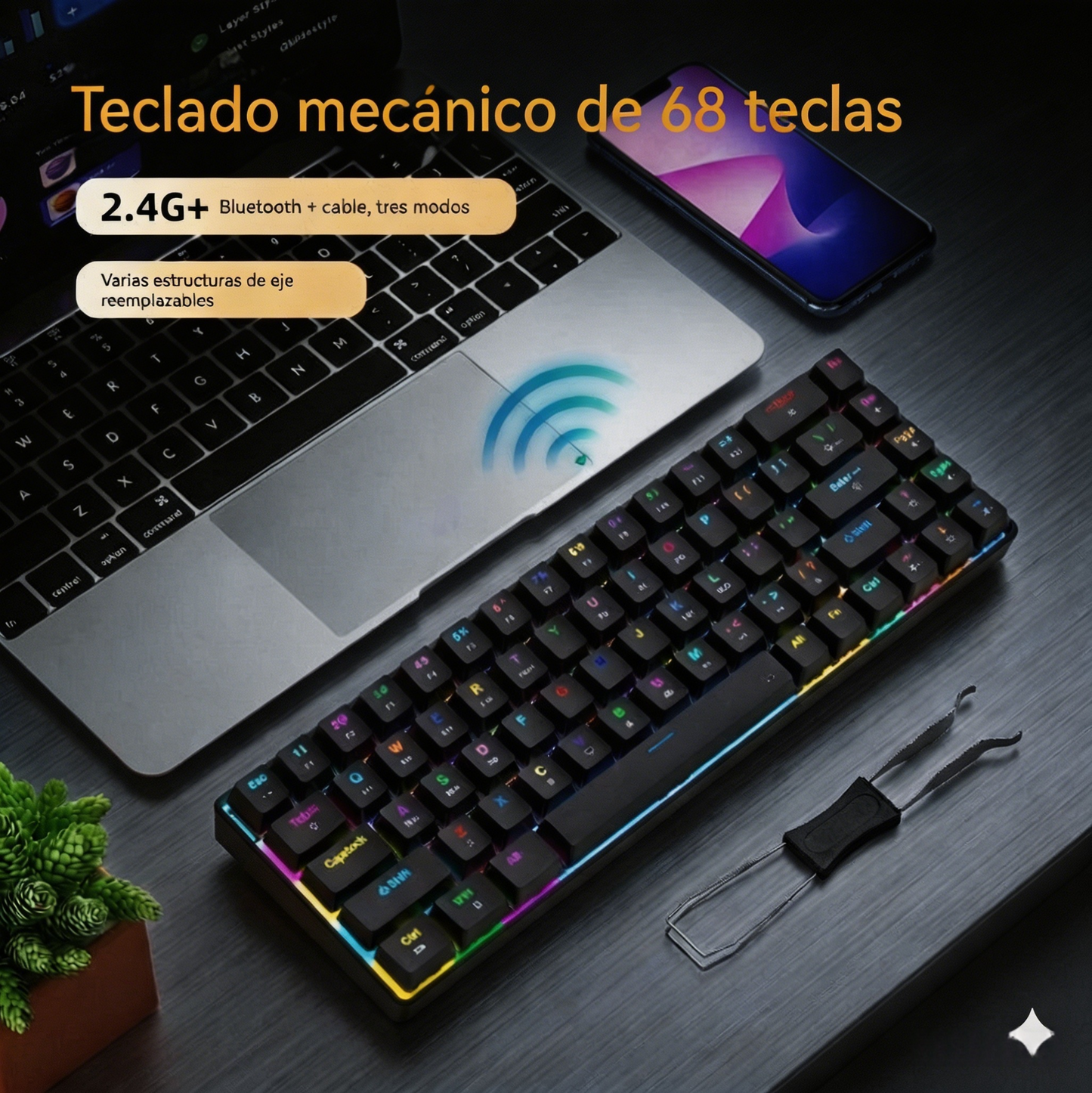Teclado mecánico al 65% con switches QuickSilver, 68 teclas, iluminación RGB con 13 efectos de iluminación, compatible con Bluetooth, 2.4G y conectividad por cable; admite Hot-Swap y N-teclas anti-ghosting;Adecuado para juegos de eSports