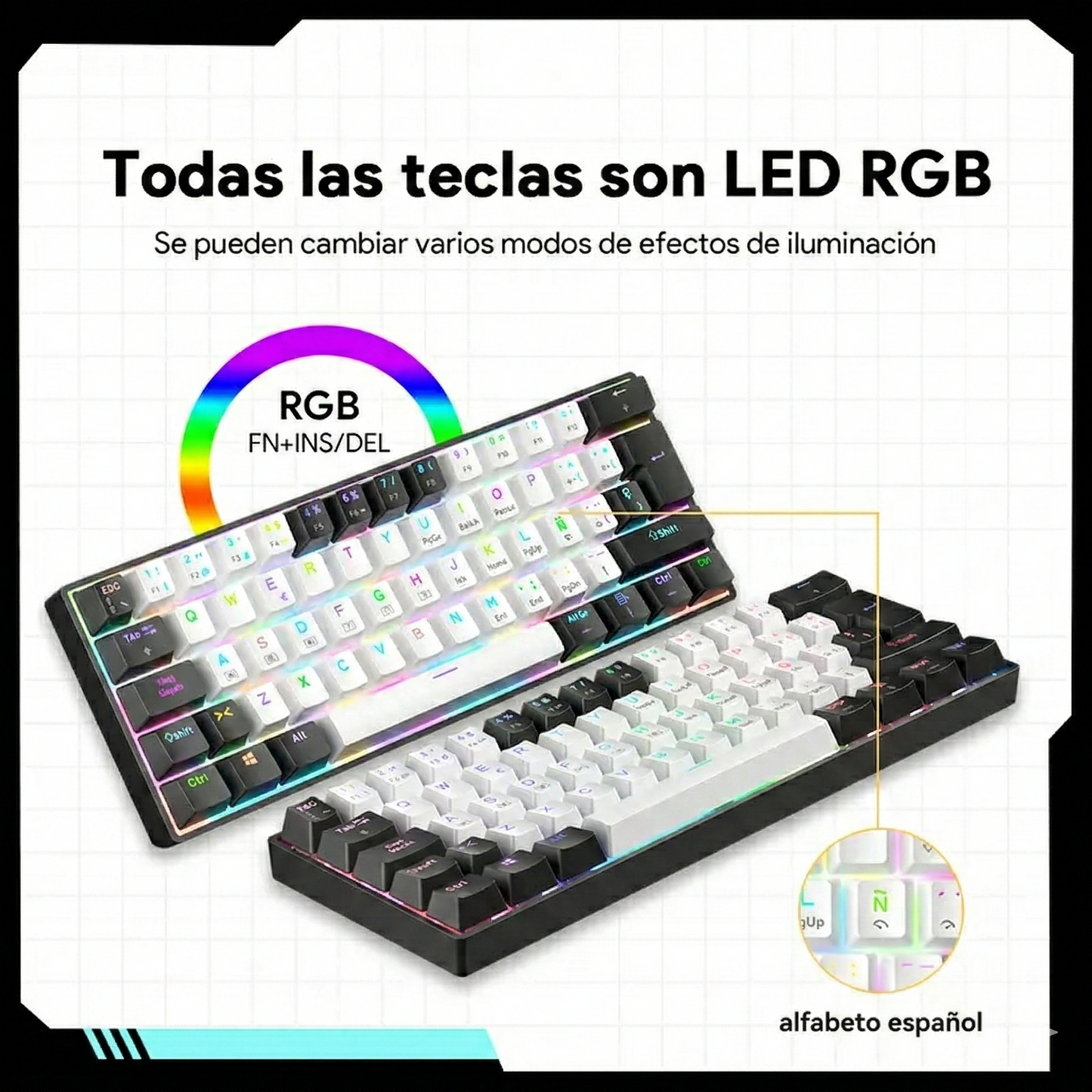 Teclado Mecánico 60%- MINI 61 teclas con interruptor azul-Cable USB-C- Español-3PIN HotSwap-anti-ghosting completo-iluminación RGB de teclas completo，12 modos de iluminación-Compatible con PC, tabletas, Xbox y otras consolas de juegos