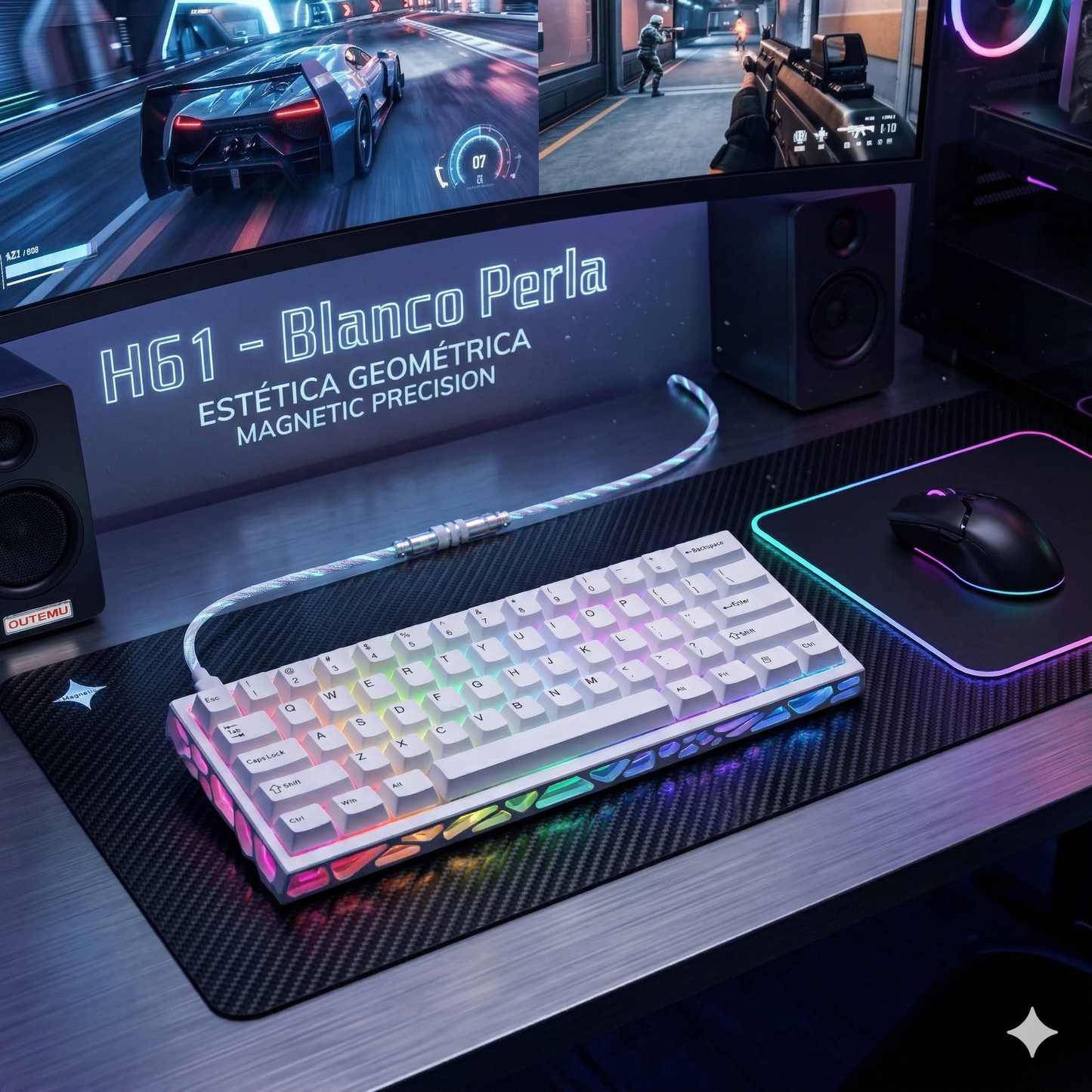 Teclado Magnético Mecánico 8k Rgb E-sport；Disposicion de 61 teclas；Eje azul hielo Outemu；Tasa de retorno 8K；Tasa de muestreo de escaneo 128K；Precision RT0.005mm；Tasa deescaneo detecla completa 16K;Tiempo de retardo 0.1ms;Tres modos-Bluetooth/2.4/Con cable