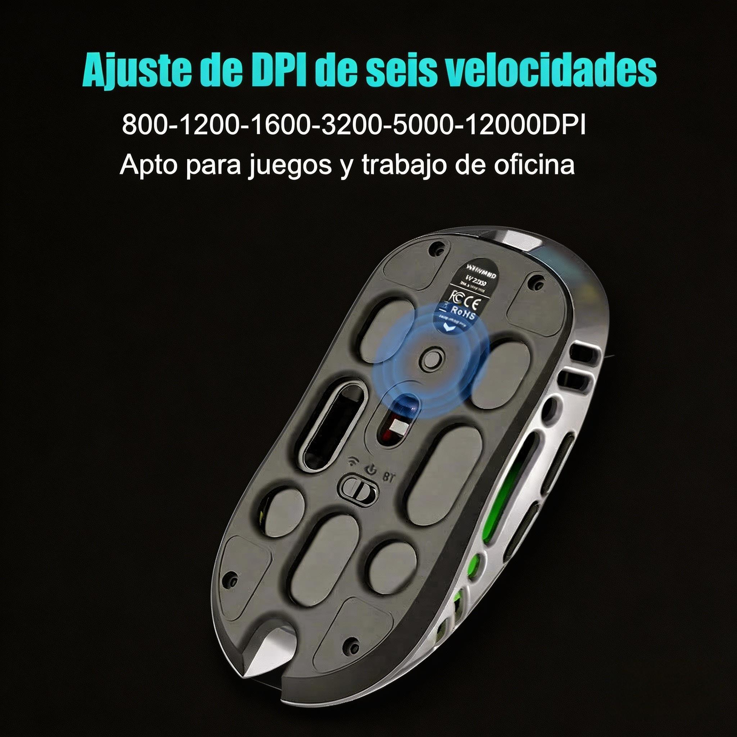 Este ratón inalámbrico utiliza el chip PAW3311 y admite conexión Bluetooth, 2.4G y por cable, iluminación RGB y una sensibilidad DPI máxima de 12000 ,Frecuencia de retorno máxima 1000 Hz,Su diseño ligero pesa tan solo 69g