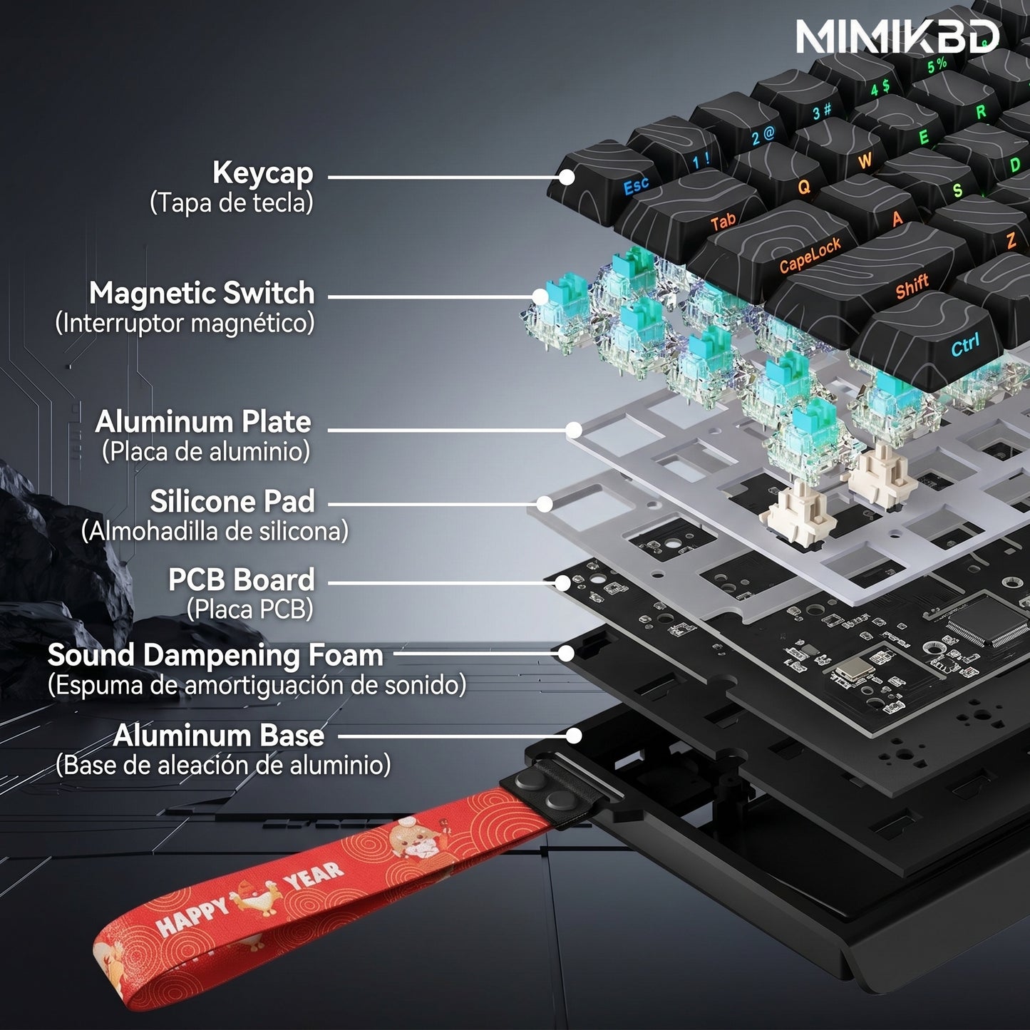 Teclado mecánico magnético Outemu de 61 teclas con carcasa de aleación de aluminio CNC, teclado para juegos con cable, tasa de sondeo de 8K, precisión RT de 0,01 mm, teclas PBT con líneas de contorno impresas en el lateral, RGB con tasa de escaneo de 32K