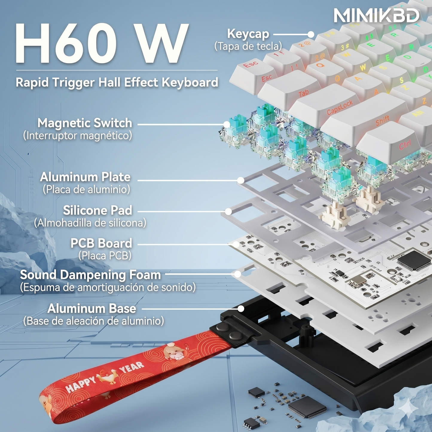 Teclado mecánico magnético Outemu de 61 teclas, carcasa de aleación de aluminio CNC,teclado para juegos con cable, tasa de sondeo de 8K, precisión de tiempo de respuesta de 0,01 mm, teclas PBT de color blanco puro, retroiluminación RGB