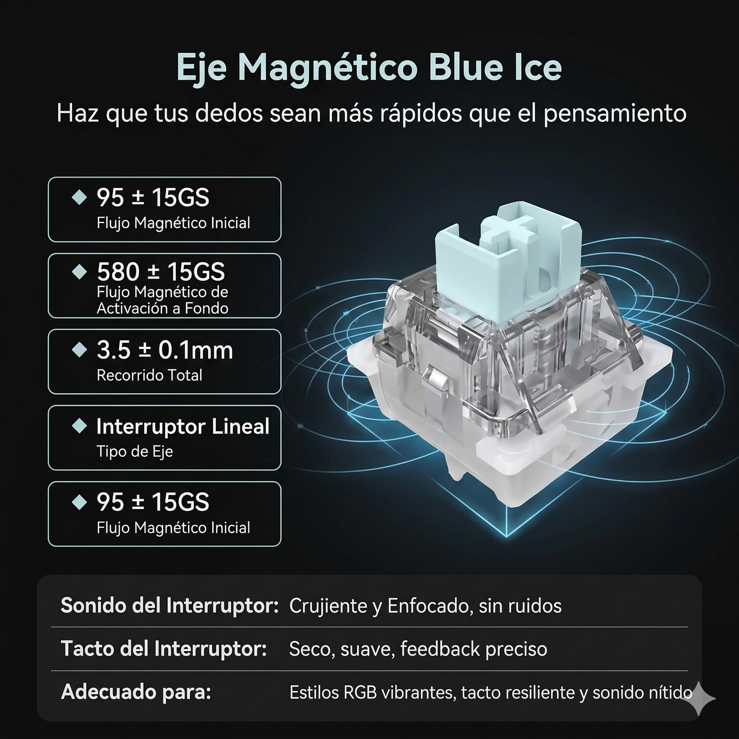 Teclado Magnético Mecánico 8k Rgb E-sport；Disposicion de 61 teclas；Eje azul hielo Outemu；Tasa de retorno 8K；Tasa de muestreo de escaneo 128K；Precision RT0.005mm；Tasa deescaneo detecla completa 16K;Tiempo de retardo 0.1ms;Tres modos-Bluetooth/2.4/Con cable