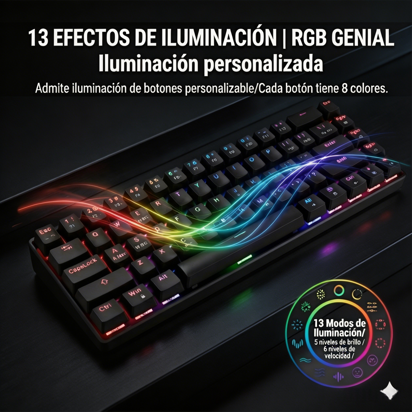 Teclado mecánico al 65% con switches QuickSilver, 68 teclas, iluminación RGB con 13 efectos de iluminación, compatible con Bluetooth, 2.4G y conectividad por cable; admite Hot-Swap y N-teclas anti-ghosting;Adecuado para juegos de eSports
