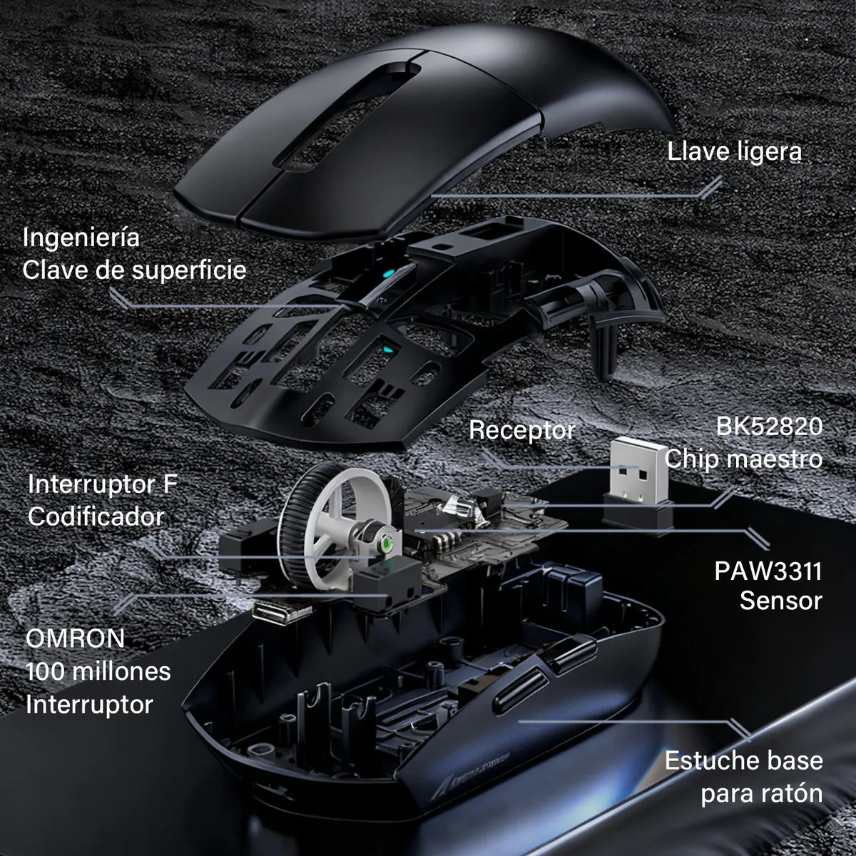 MIMIKBD S270 Ratón inalámbrico ligero con controlador web, chip PAW3311, admite Bluetooth | 2,4G | cable del puerto. Iluminado RGB y DPI máximo 12000, Frecuencia de retorno máxima 1000 Hz, solo 59g, adecuado para juegos de eSports y trabajo de oficina